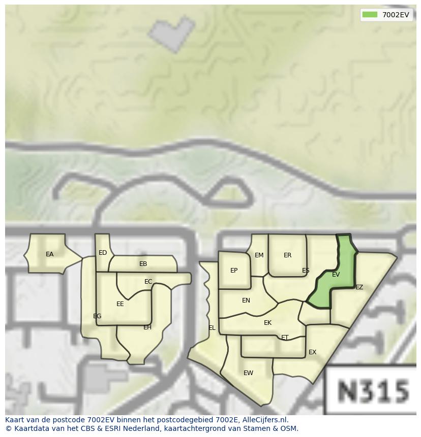 Afbeelding van het postcodegebied 7002 EV op de kaart.