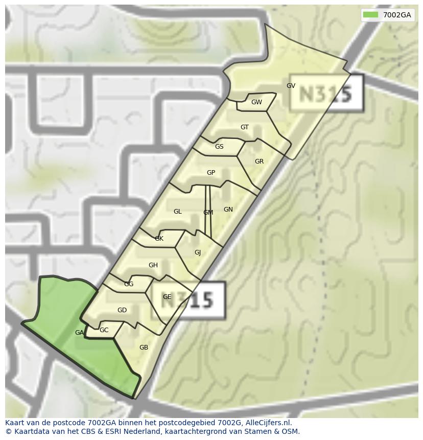 Afbeelding van het postcodegebied 7002 GA op de kaart.