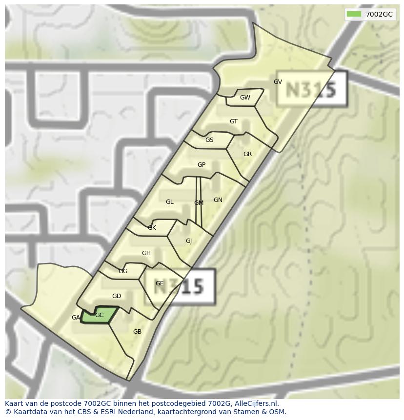 Afbeelding van het postcodegebied 7002 GC op de kaart.