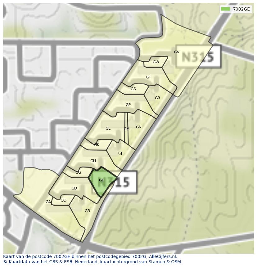 Afbeelding van het postcodegebied 7002 GE op de kaart.