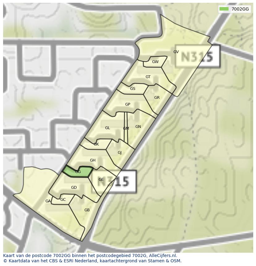 Afbeelding van het postcodegebied 7002 GG op de kaart.