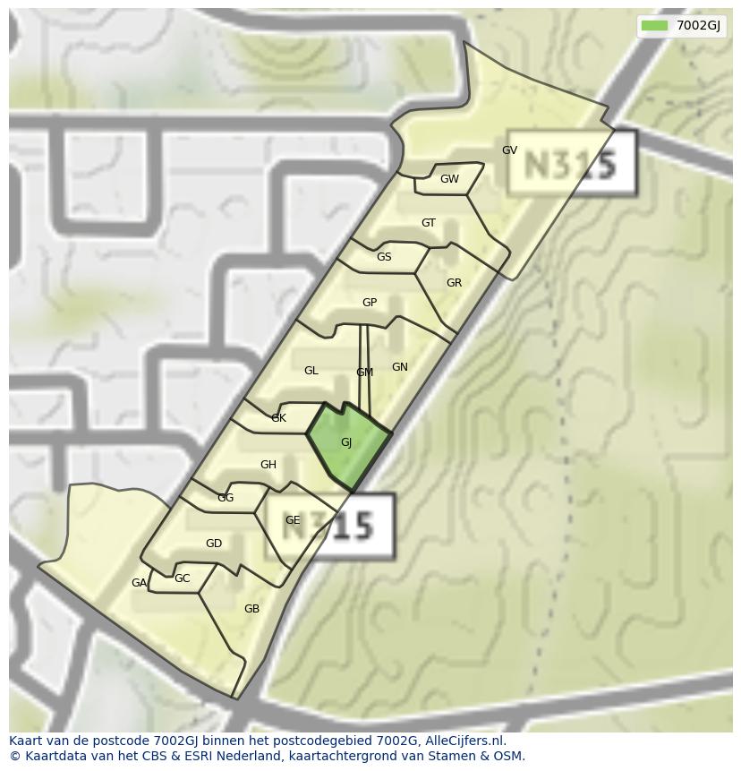 Afbeelding van het postcodegebied 7002 GJ op de kaart.