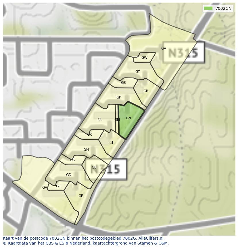 Afbeelding van het postcodegebied 7002 GN op de kaart.