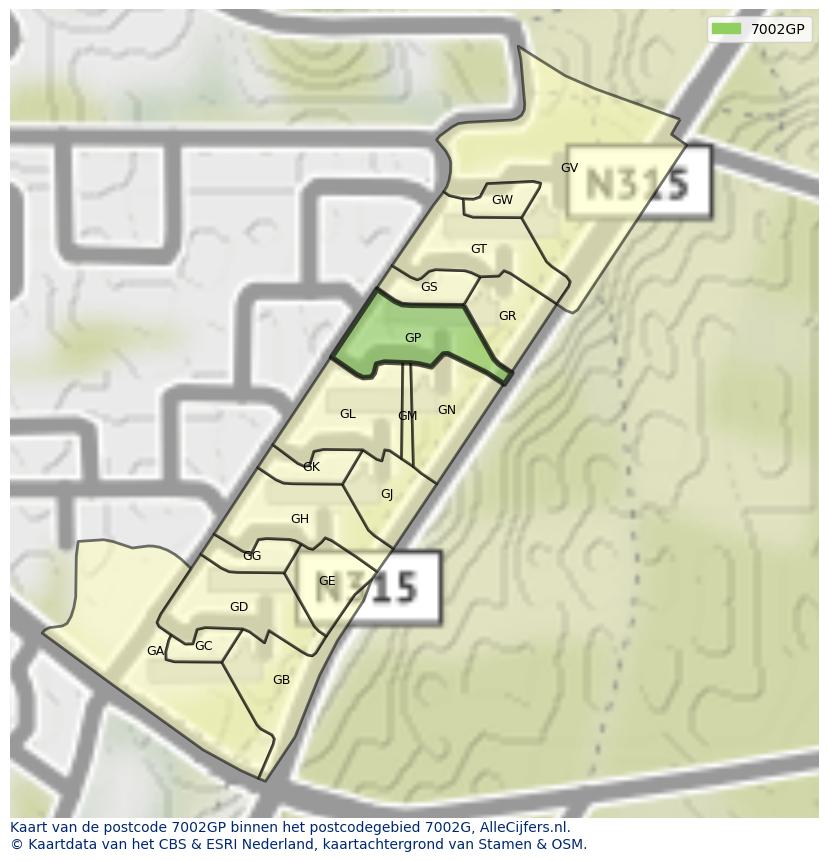 Afbeelding van het postcodegebied 7002 GP op de kaart.