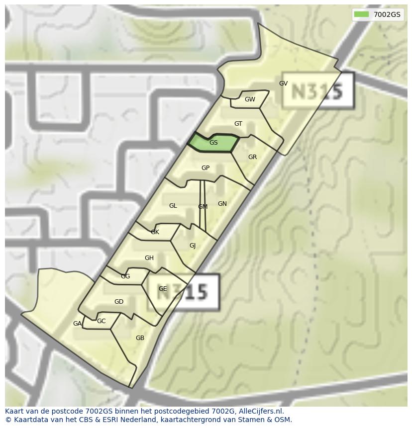 Afbeelding van het postcodegebied 7002 GS op de kaart.