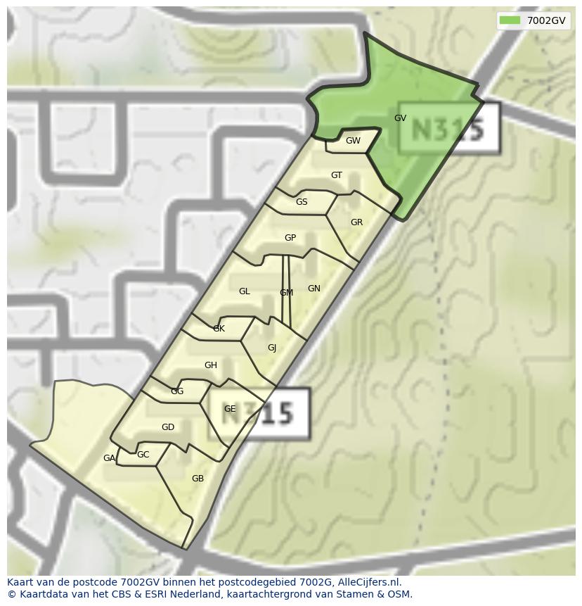 Afbeelding van het postcodegebied 7002 GV op de kaart.