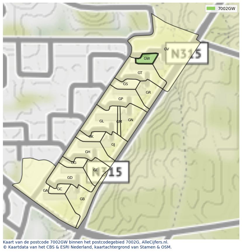 Afbeelding van het postcodegebied 7002 GW op de kaart.