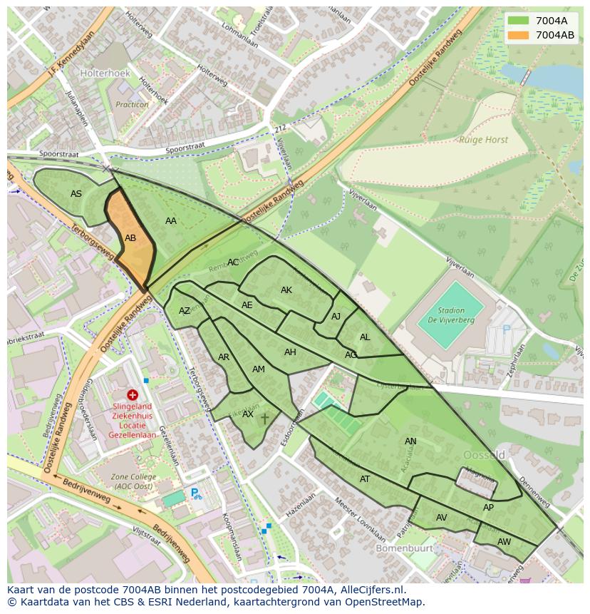 Afbeelding van het postcodegebied 7004 AB op de kaart.