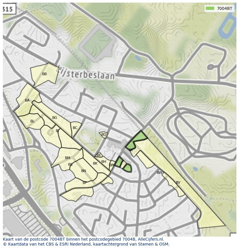 Afbeelding van het postcodegebied 7004 BT op de kaart.