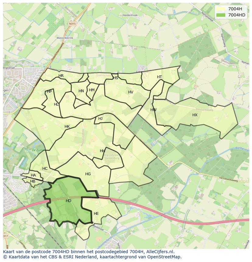 Afbeelding van het postcodegebied 7004 HD op de kaart.