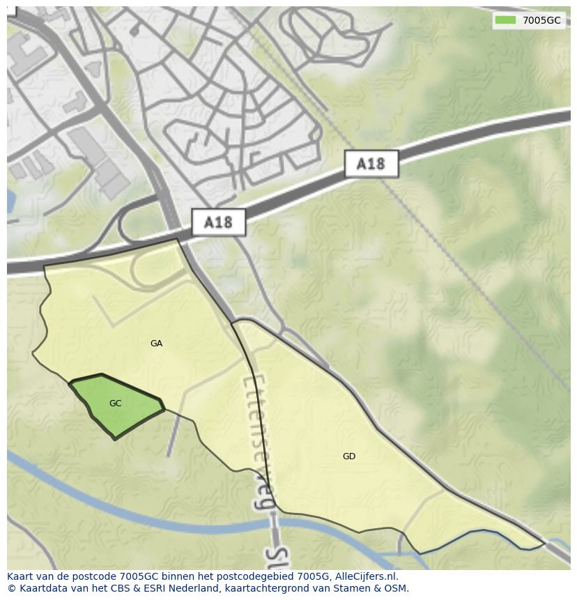 Afbeelding van het postcodegebied 7005 GC op de kaart.