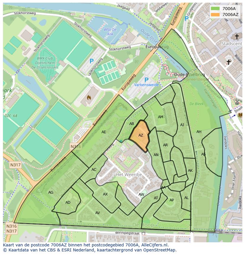 Afbeelding van het postcodegebied 7006 AZ op de kaart.