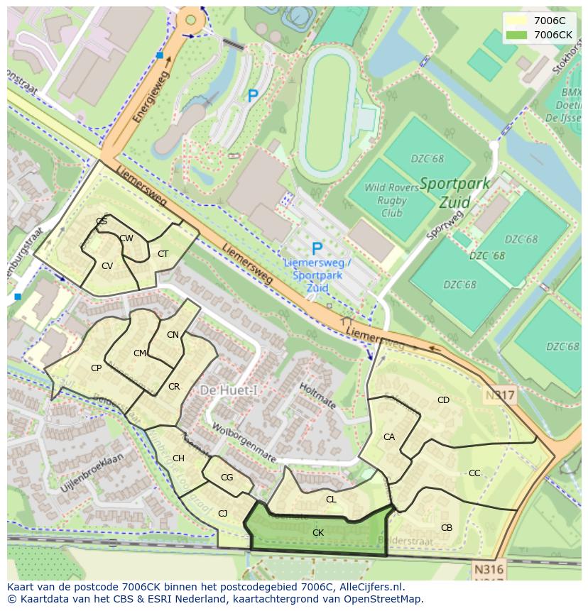 Afbeelding van het postcodegebied 7006 CK op de kaart.
