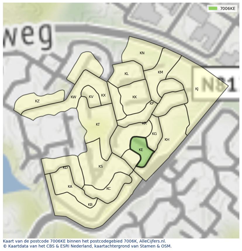 Afbeelding van het postcodegebied 7006 KE op de kaart.