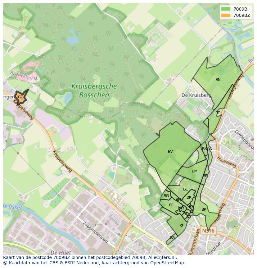 Afbeelding van het postcodegebied 7009 BZ op de kaart.