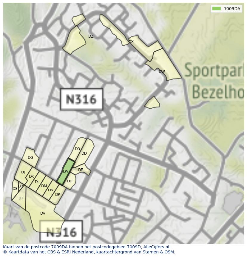 Afbeelding van het postcodegebied 7009 DA op de kaart.