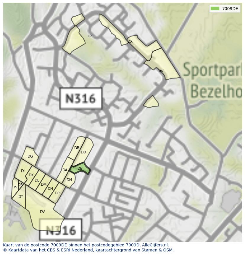 Afbeelding van het postcodegebied 7009 DE op de kaart.