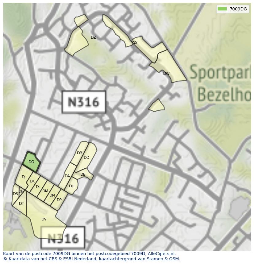 Afbeelding van het postcodegebied 7009 DG op de kaart.