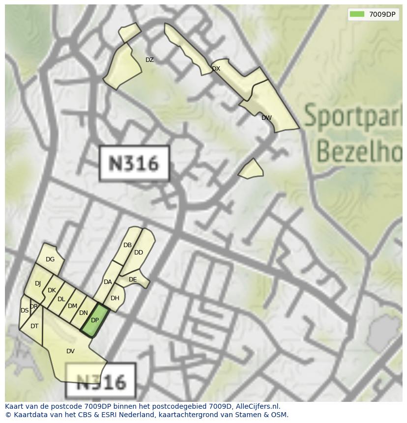 Afbeelding van het postcodegebied 7009 DP op de kaart.