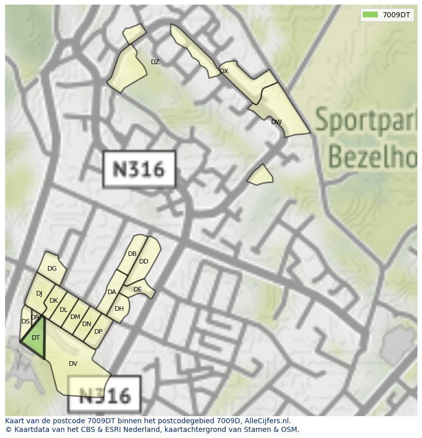 Afbeelding van het postcodegebied 7009 DT op de kaart.