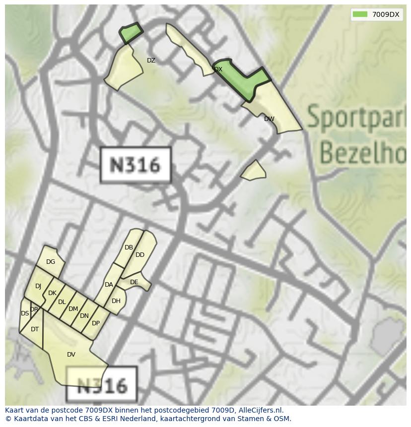 Afbeelding van het postcodegebied 7009 DX op de kaart.