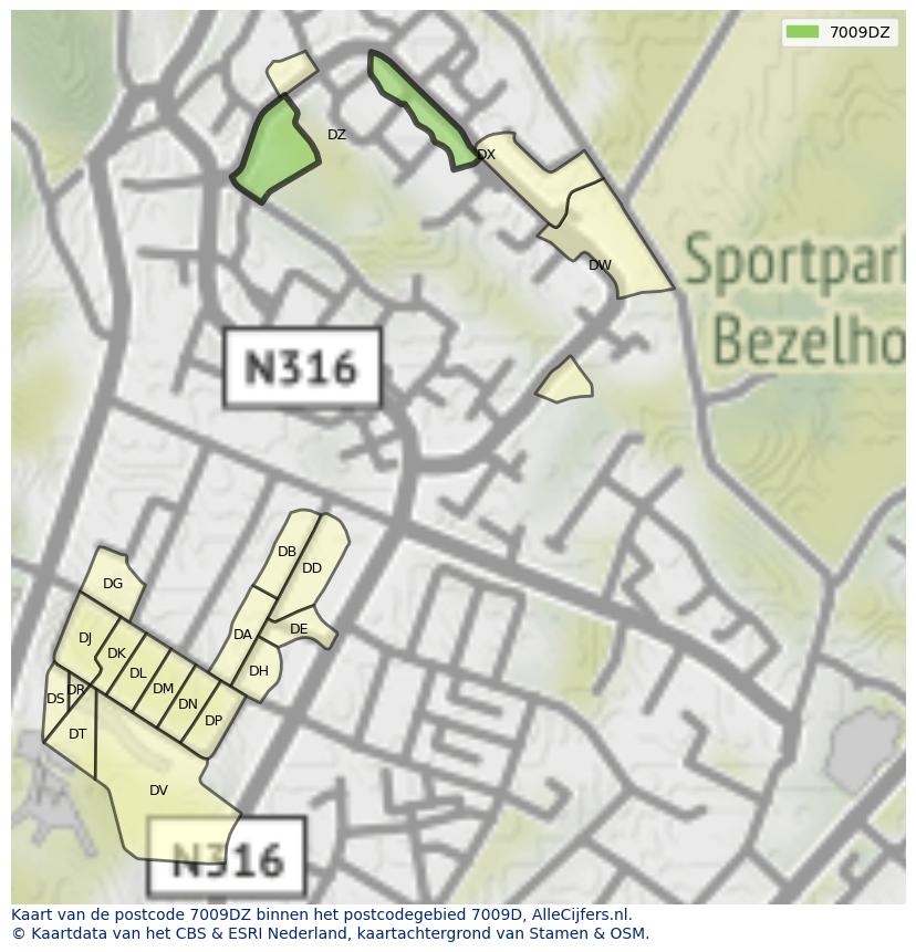 Afbeelding van het postcodegebied 7009 DZ op de kaart.