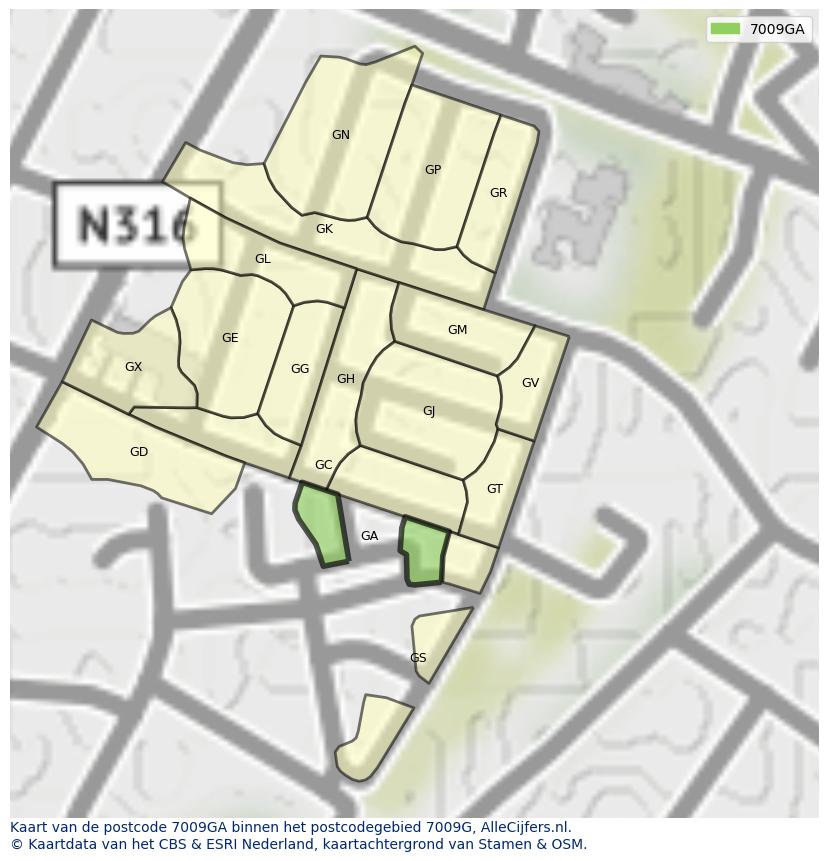 Afbeelding van het postcodegebied 7009 GA op de kaart.