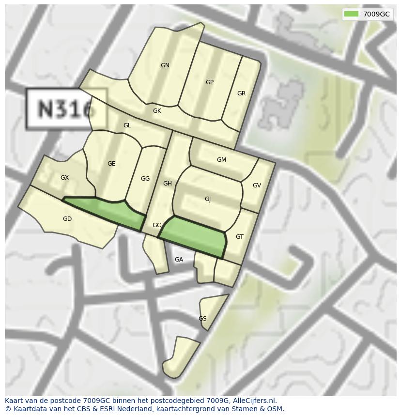 Afbeelding van het postcodegebied 7009 GC op de kaart.