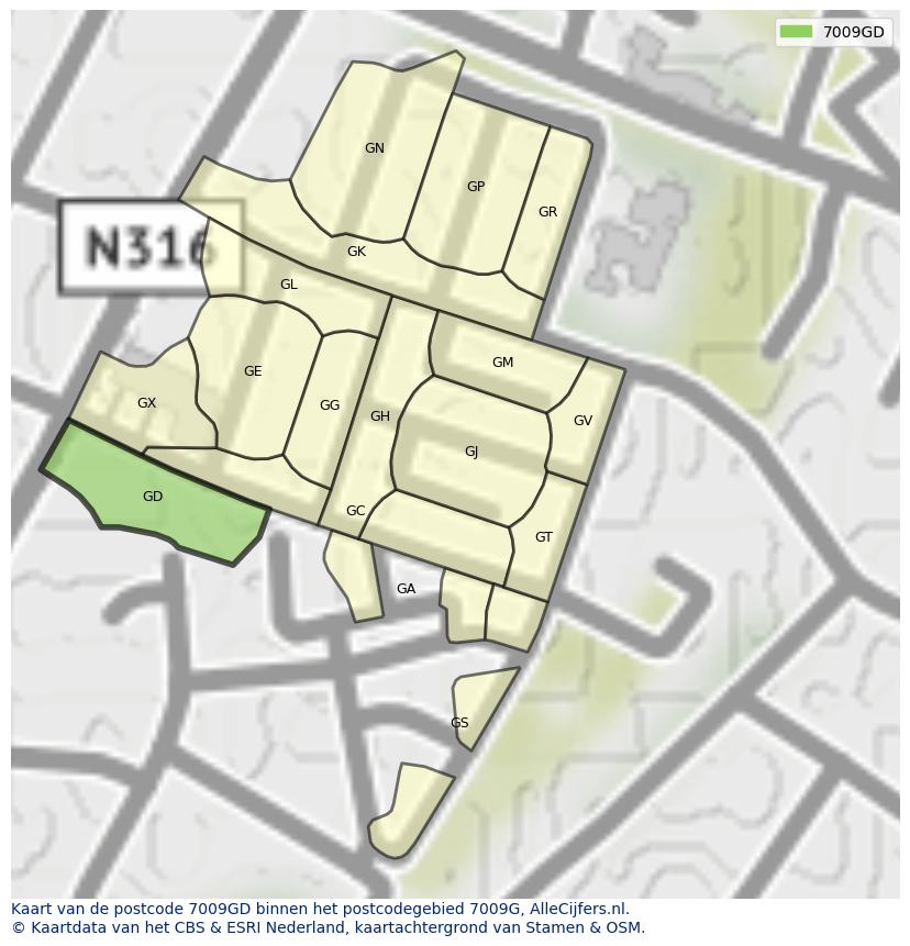 Afbeelding van het postcodegebied 7009 GD op de kaart.