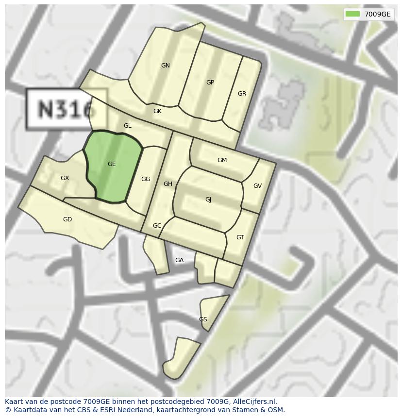 Afbeelding van het postcodegebied 7009 GE op de kaart.