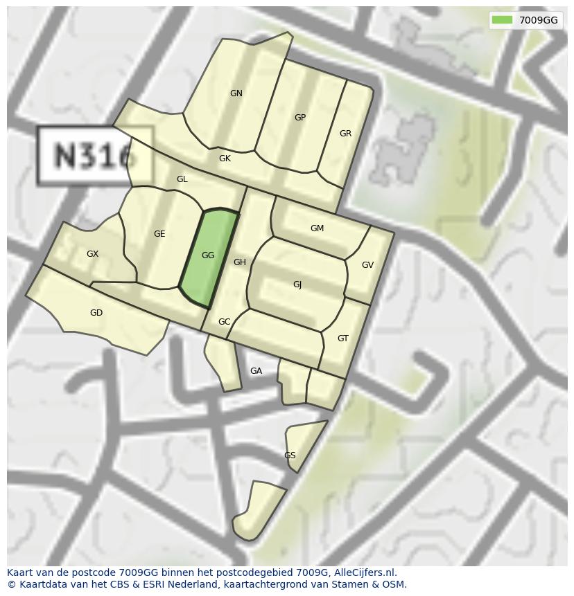 Afbeelding van het postcodegebied 7009 GG op de kaart.