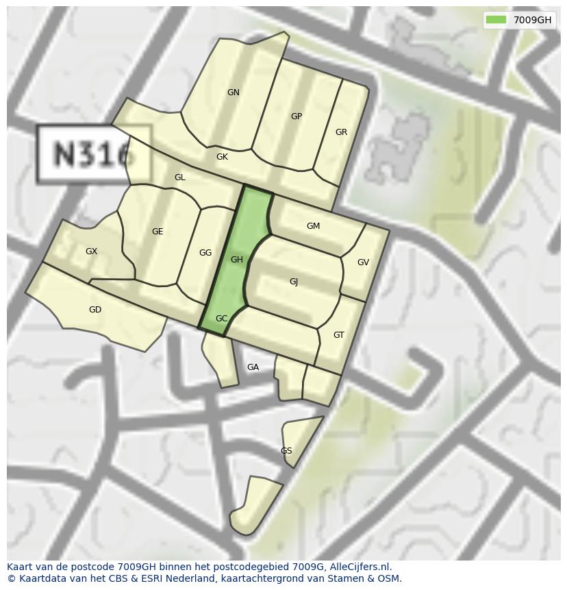 Afbeelding van het postcodegebied 7009 GH op de kaart.