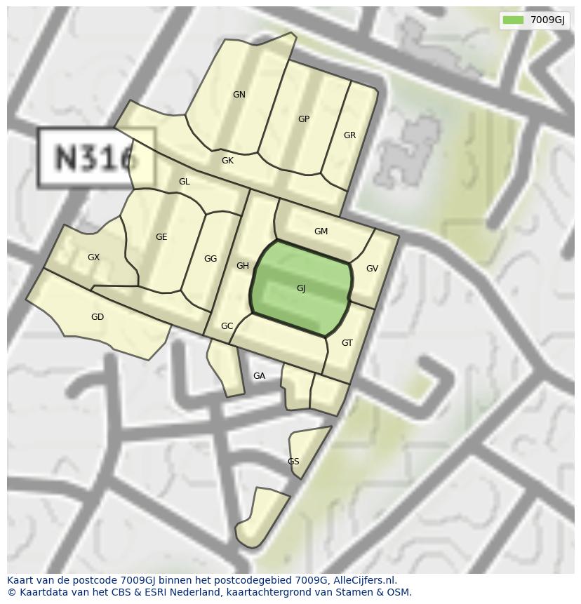 Afbeelding van het postcodegebied 7009 GJ op de kaart.