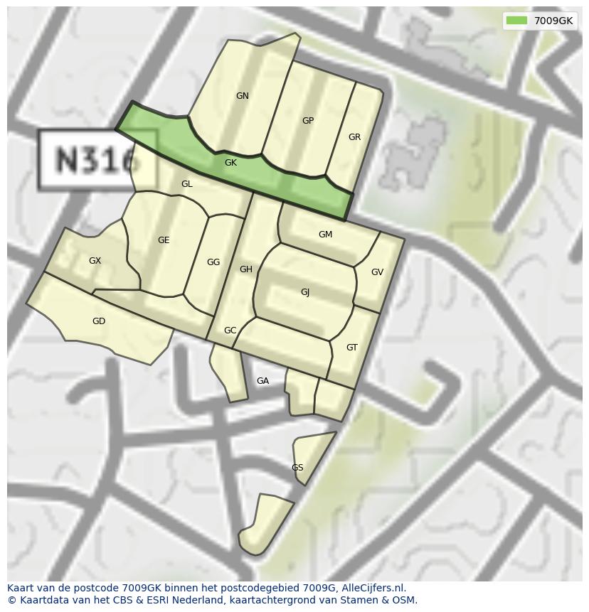 Afbeelding van het postcodegebied 7009 GK op de kaart.