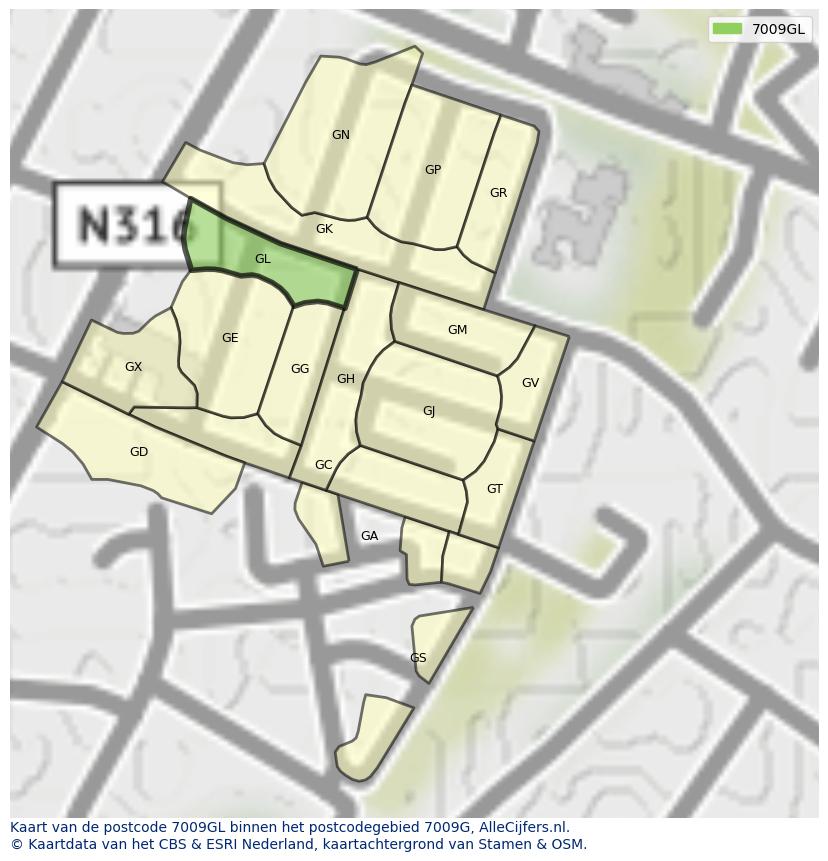Afbeelding van het postcodegebied 7009 GL op de kaart.
