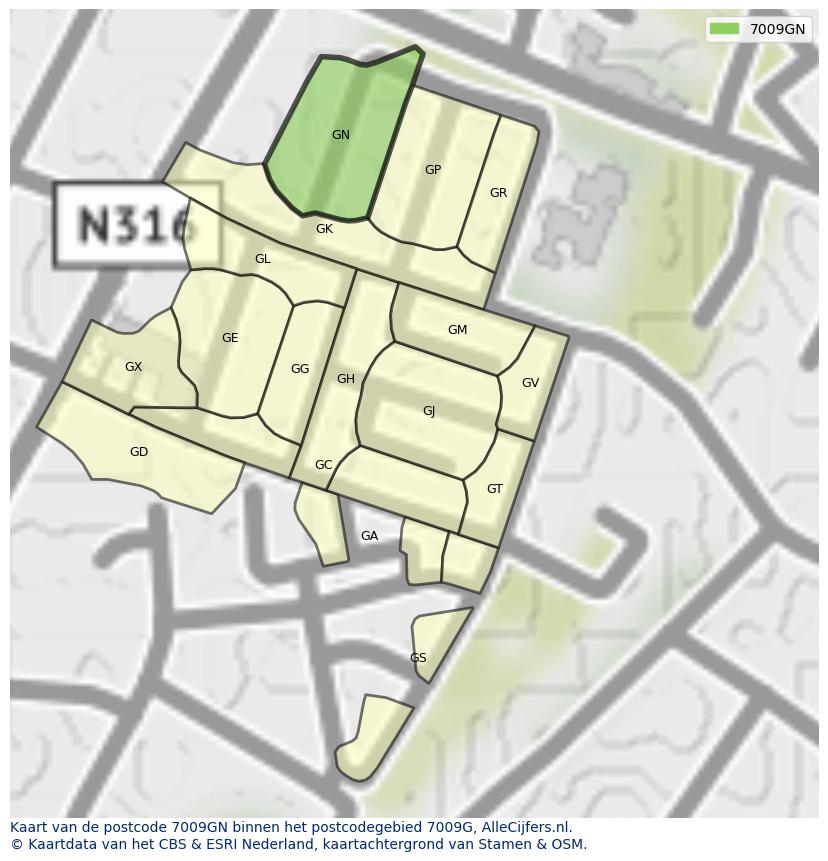 Afbeelding van het postcodegebied 7009 GN op de kaart.
