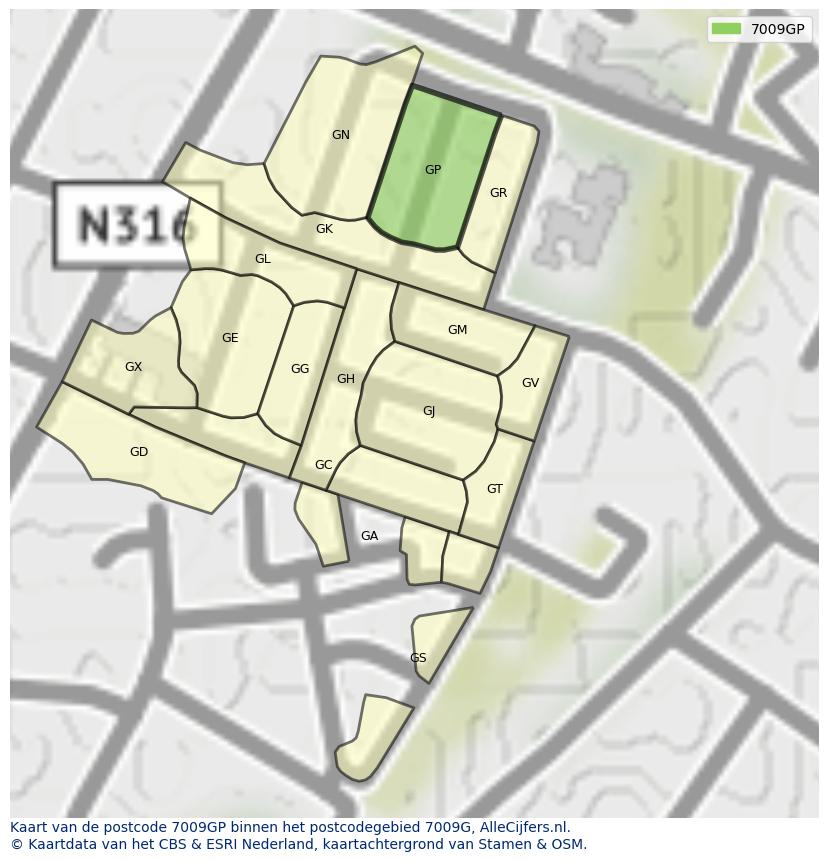 Afbeelding van het postcodegebied 7009 GP op de kaart.
