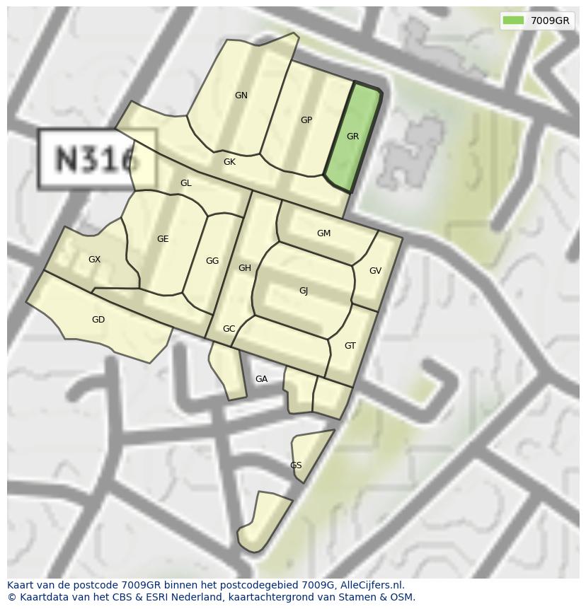Afbeelding van het postcodegebied 7009 GR op de kaart.