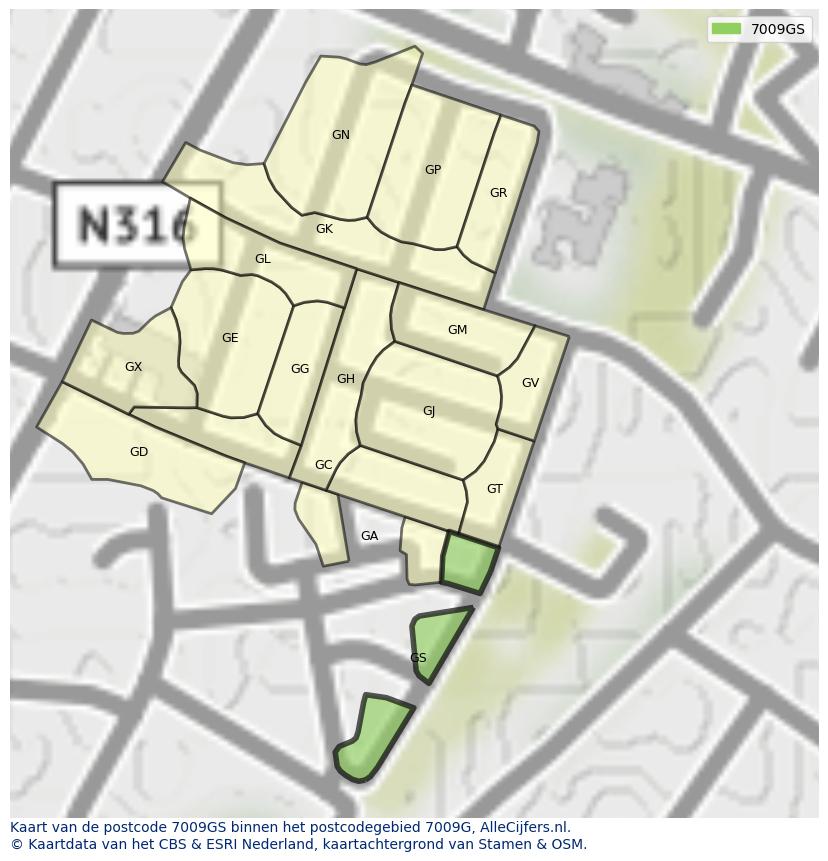 Afbeelding van het postcodegebied 7009 GS op de kaart.