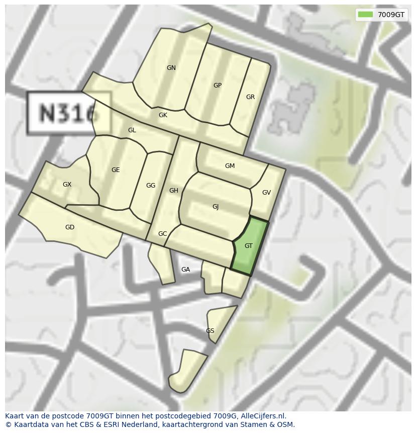 Afbeelding van het postcodegebied 7009 GT op de kaart.