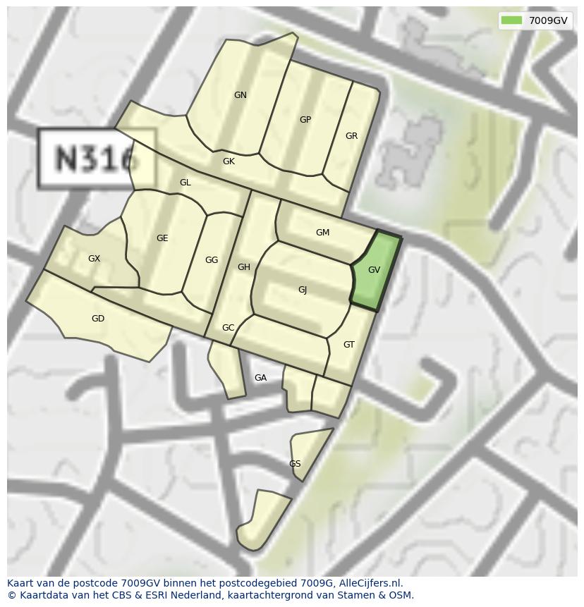 Afbeelding van het postcodegebied 7009 GV op de kaart.