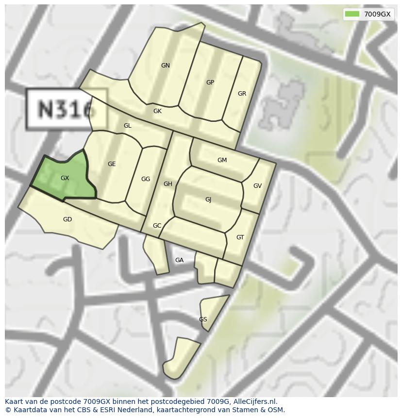 Afbeelding van het postcodegebied 7009 GX op de kaart.
