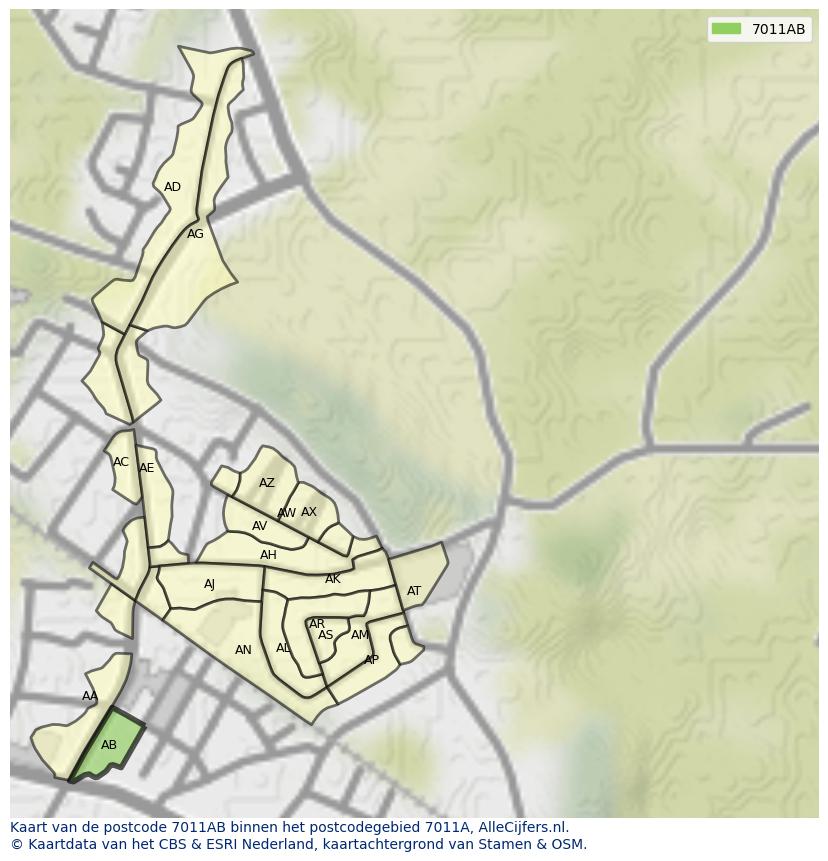 Afbeelding van het postcodegebied 7011 AB op de kaart.