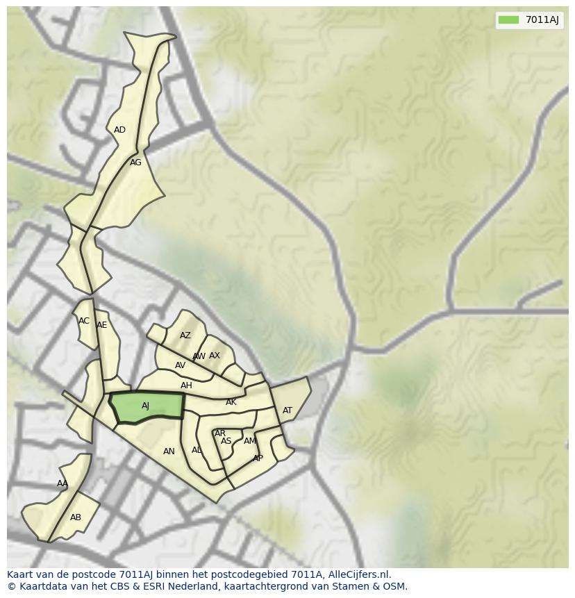 Afbeelding van het postcodegebied 7011 AJ op de kaart.