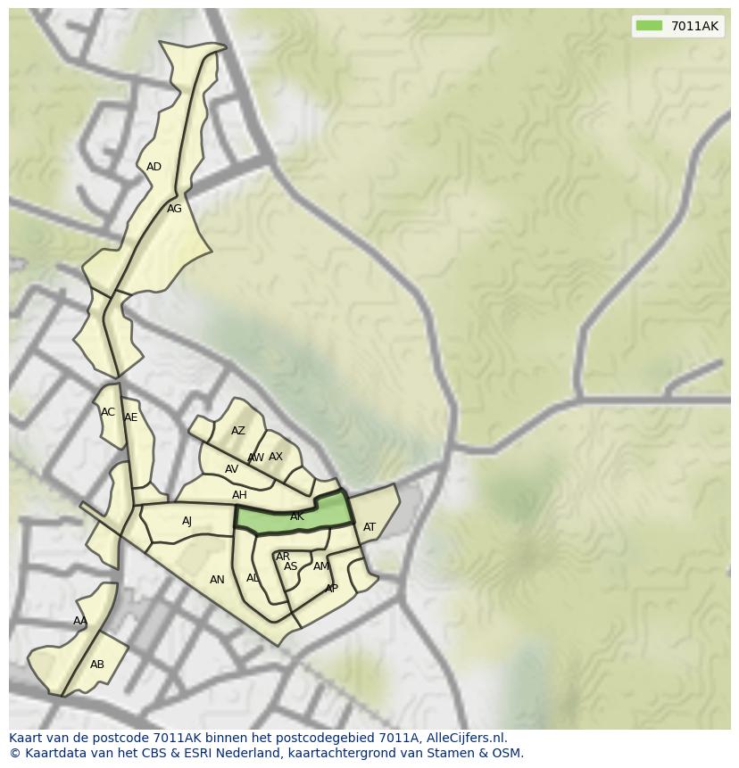 Afbeelding van het postcodegebied 7011 AK op de kaart.