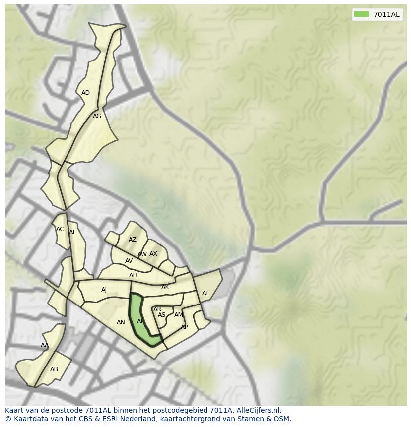 Afbeelding van het postcodegebied 7011 AL op de kaart.