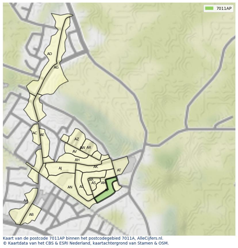 Afbeelding van het postcodegebied 7011 AP op de kaart.
