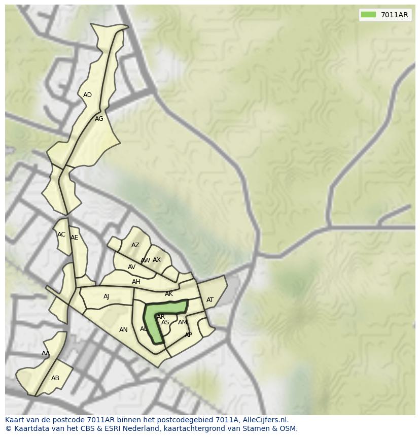 Afbeelding van het postcodegebied 7011 AR op de kaart.