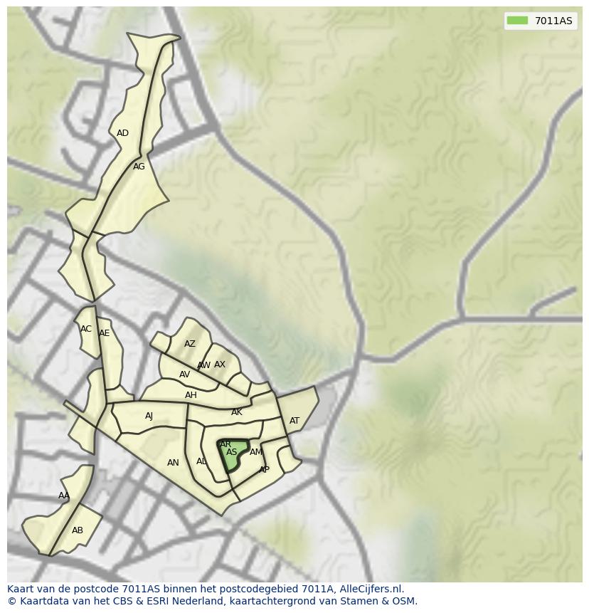 Afbeelding van het postcodegebied 7011 AS op de kaart.