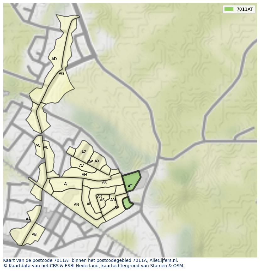 Afbeelding van het postcodegebied 7011 AT op de kaart.